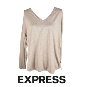 Express Rlaxed Fit V-Neck Longsleeve Sweater, Beige, Size M